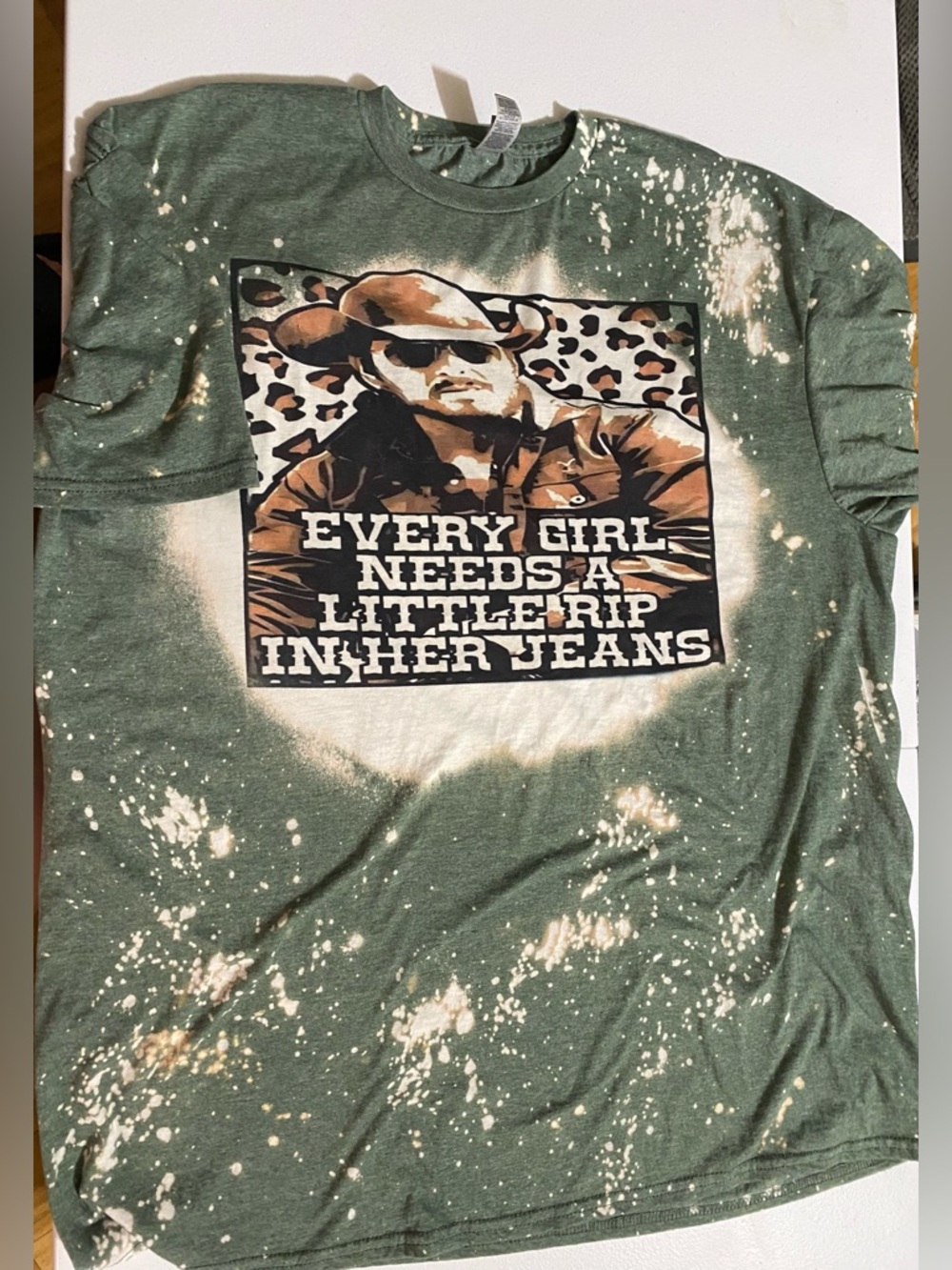 Green Bleached Tee 2X 'Every Girl Needs a Little Rip In Her Jeans' #2055